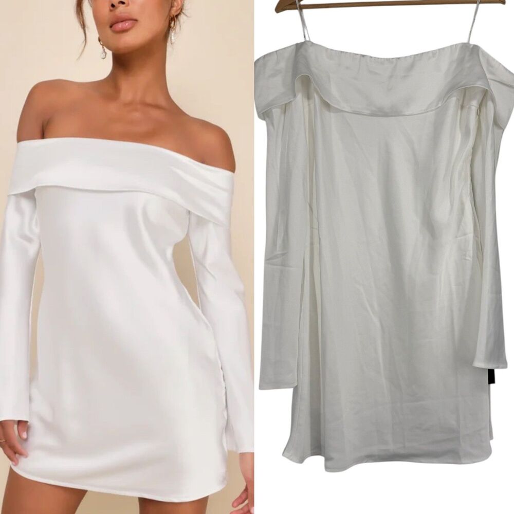 Lulus Luxurious Vision Satin Off the Shoulder Mini Dress XL White Bridal LWD